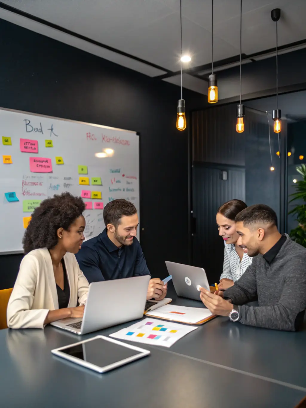 An image showing a strategic marketing plan being developed, with sticky notes, flowcharts, and brainstorming sessions, in a creative office environment.