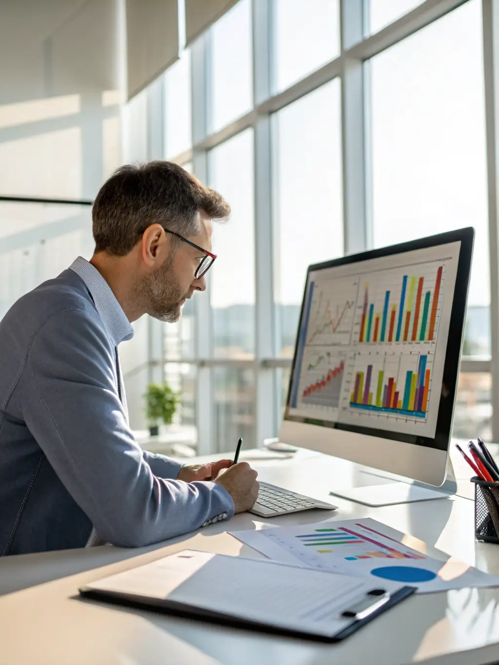 A focused image of a person analyzing marketing data on a computer screen, with charts and graphs visible, in a modern office setting, representing data-driven marketing analysis.