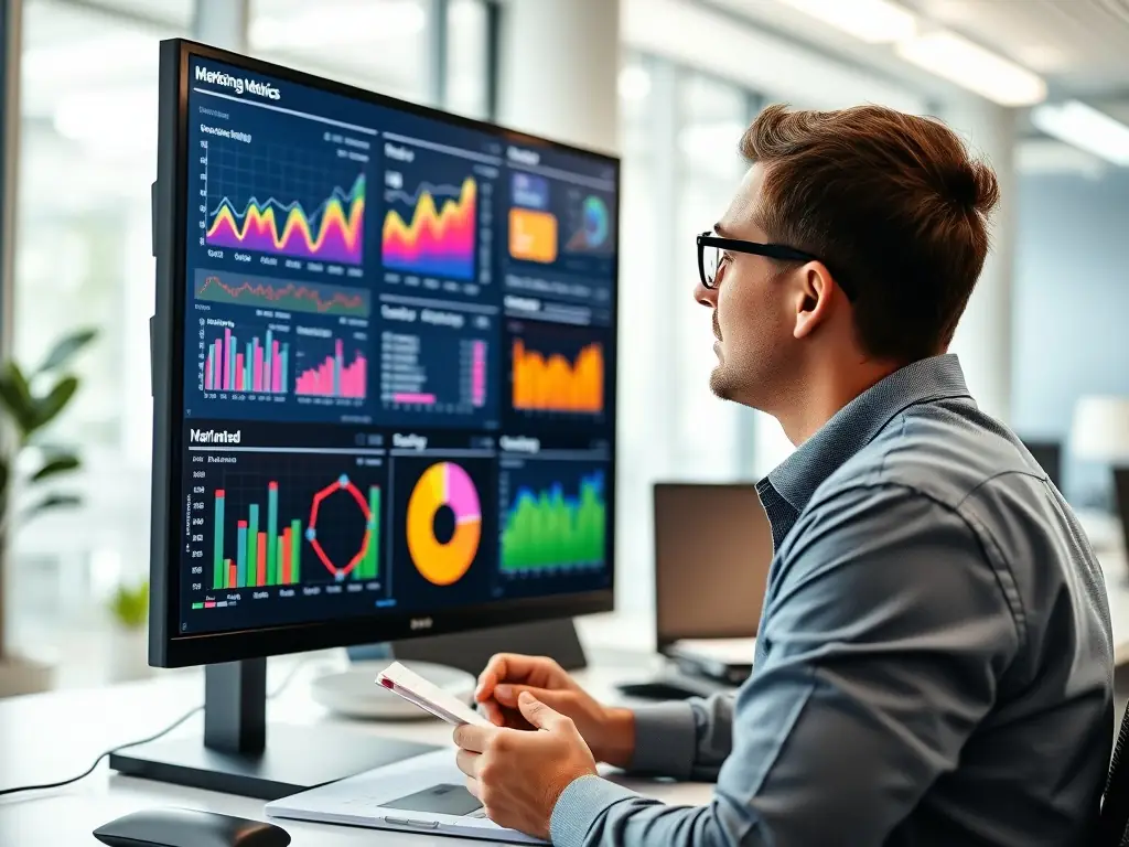 An image of a marketing analyst reviewing data charts and digital marketing metrics on a computer screen, in a brightly lit office.