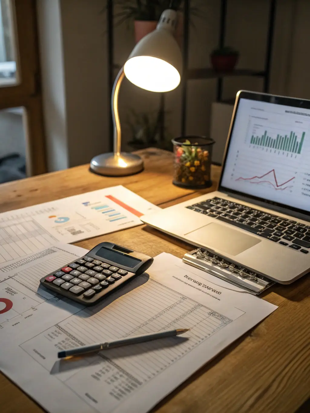 A close-up shot of a calculator and financial documents, symbolizing accounting and administrative management in the context of the Institute of Academic Development's course.